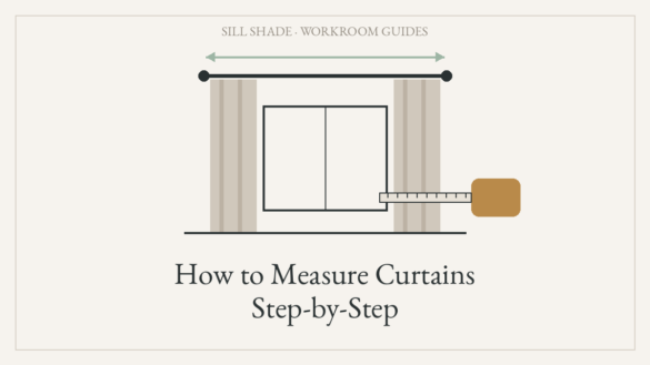 Diagram of a tape measure and width arrow across a curtain rod