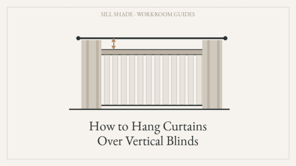 Diagram showing a curtain rod mounted above and wider than a vertical blind headrail with panels stacked clear of the glass