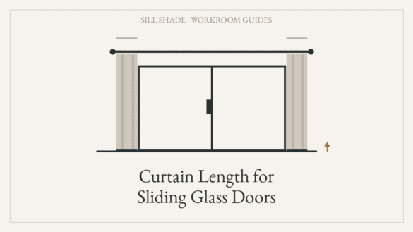 Diagram of a sliding glass door with a curtain rod extended past both sides and panels stacked clear of the glass